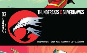 Cover art for ThunderCats x SilverHawks #3 from Dynamite Entertainment by Declan Shalvey featuring a ThunderCats warrior and a SilverHawk in a split crossover design.