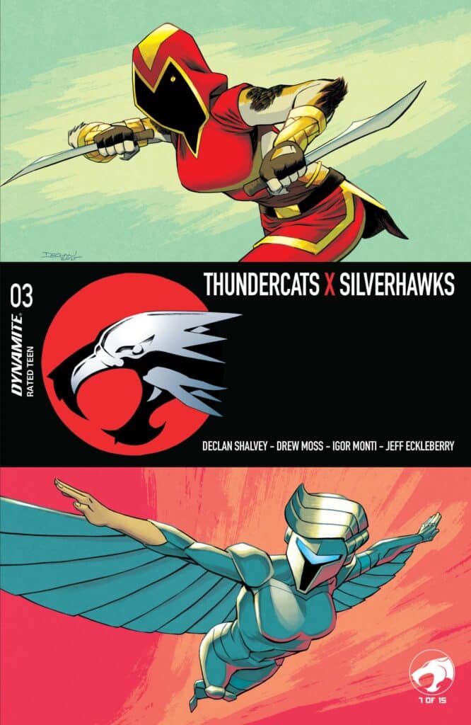 Cover art for ThunderCats x SilverHawks #3 from Dynamite Entertainment by Declan Shalvey featuring a ThunderCats warrior and a SilverHawk in a split crossover design.