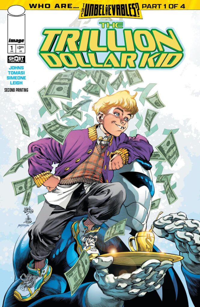 Second printing cover art for The Trillion Dollar Kid #1 from Image Comics and Ghost Machine featuring Tommy Townsend III surrounded by money.