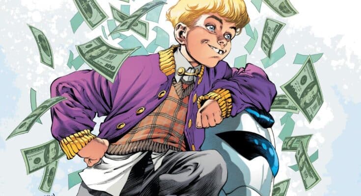Second printing cover art for The Trillion Dollar Kid #1 from Image Comics and Ghost Machine featuring Tommy Townsend III surrounded by money.