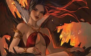 Vampirella: Armageddon #12 cosplay cover from Dynamite Entertainment featuring Lauren Delorean as Vampirella against a red background.