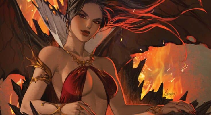 Vampirella: Armageddon #12 cosplay cover from Dynamite Entertainment featuring Lauren Delorean as Vampirella against a red background.
