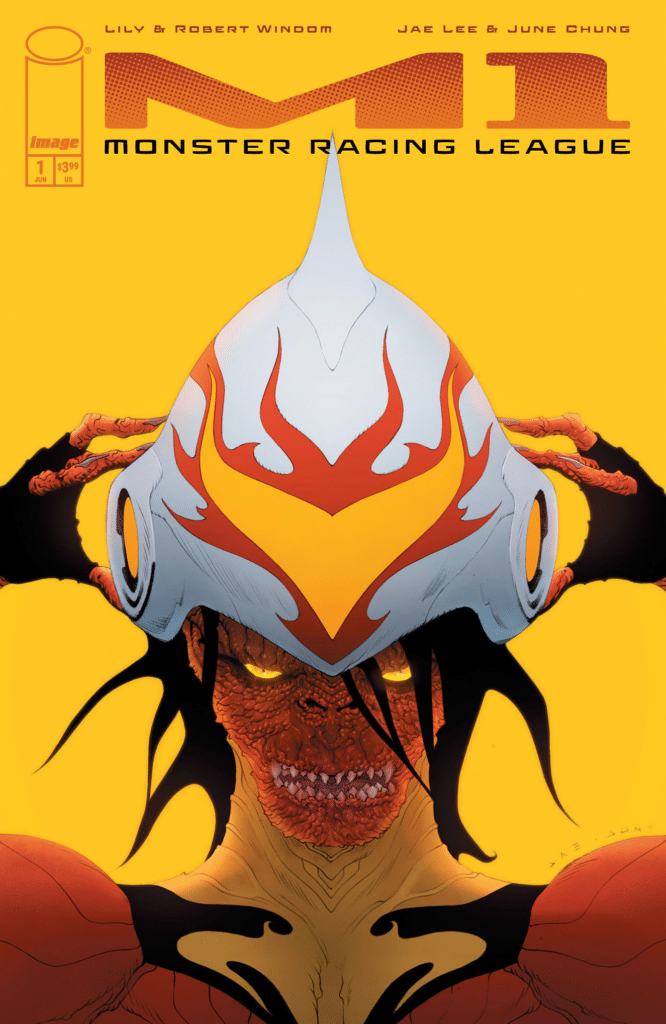 M1: Monster Racing League #1 cover from Image Comics featuring a monster racer wearing a white and red helmet against a bright yellow background.