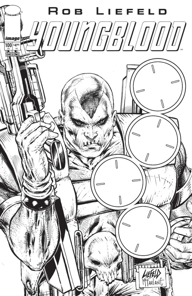 Youngblood #100 Second Printing arrives from Image Comics on July 8, 2026, with new covers featuring Image Comics characters, Ghost Machine heroes, and a black-and-white sketch variant.