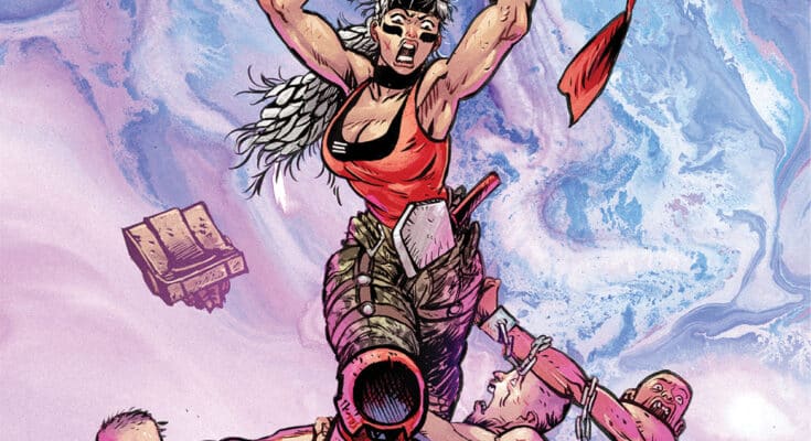 Chainkata #1 cover by Daniel Warren Johnson featuring Luma raising a chainsaw in battle.