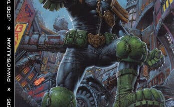 Judge Dredd / Biker Mice From Mars #1 cover art featuring Judge Dredd standing in Mega-City One