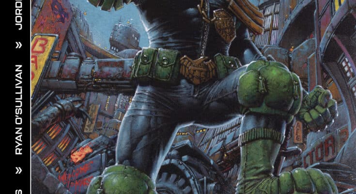 Judge Dredd / Biker Mice From Mars #1 cover art featuring Judge Dredd standing in Mega-City One