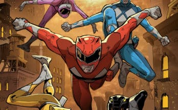 Mighty Morphin Power Rangers (2026) #2 cover featuring the original Rangers flying over Angel Grove beneath an eclipse.
