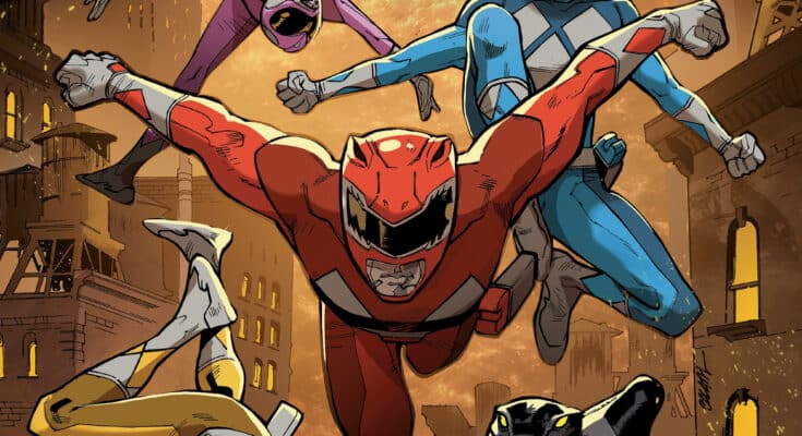 Mighty Morphin Power Rangers (2026) #2 cover featuring the original Rangers flying over Angel Grove beneath an eclipse.