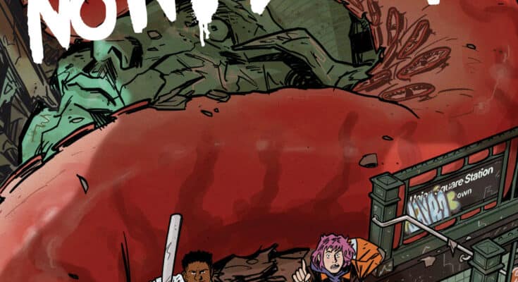 No Gods, No Masters #1 cover by Jacoby Salcedo featuring three teenagers surrounded by a massive kaiju threat in New York City.