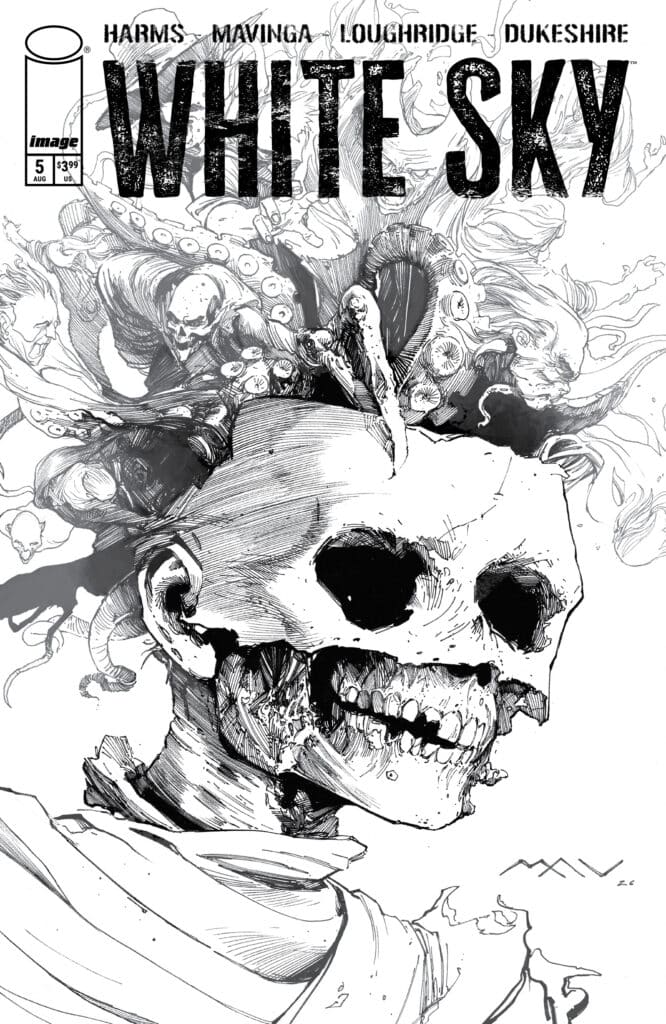 Image Comics’ White Sky #5 Cover A by JP Mavinga, featuring a skeletal figure surrounded by supernatural entities.