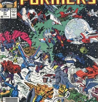 The Transformers #41 Marvel Comics issue spotlight featuring Grimlock and Blaster in the classic G1 Transformers comic era.