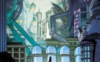 If Destruction Be Our Lot #1 third printing cover featuring robot Abraham Lincoln overlooking a futuristic city.
