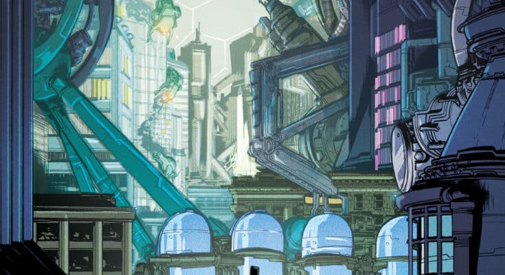 If Destruction Be Our Lot #1 third printing cover featuring robot Abraham Lincoln overlooking a futuristic city.