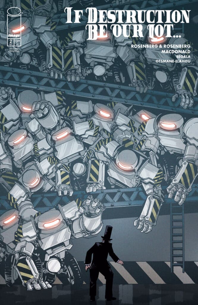 If Destruction Be Our Lot #1 third printing cover featuring robot Abraham Lincoln overlooking a futuristic city.