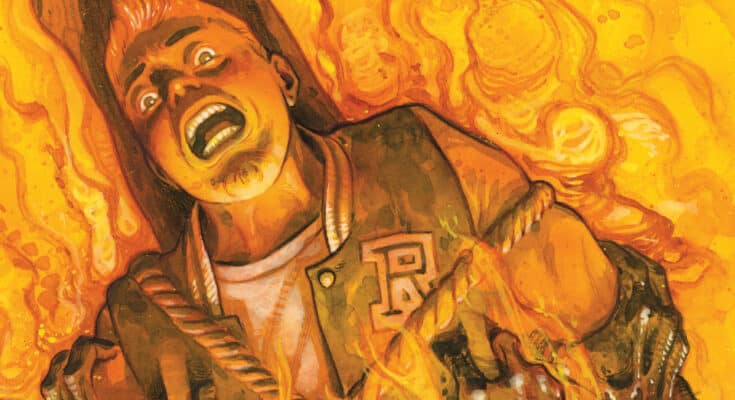 Archie in Hell #1 cover by Tyler Crook from Oni Press and Archie Comics featuring Archie Andrews surrounded by supernatural flames