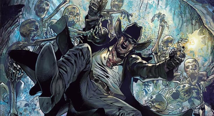 Dead Acre: Black Badge #2 cover from Vault Comics featuring James Crowley surrounded by skeletal supernatural enemies.