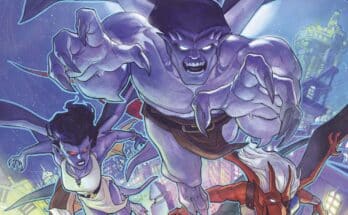 Disney Gargoyles #1 cover from Dynamite Entertainment featuring Goliath and the Manhattan Clan flying above New York City.