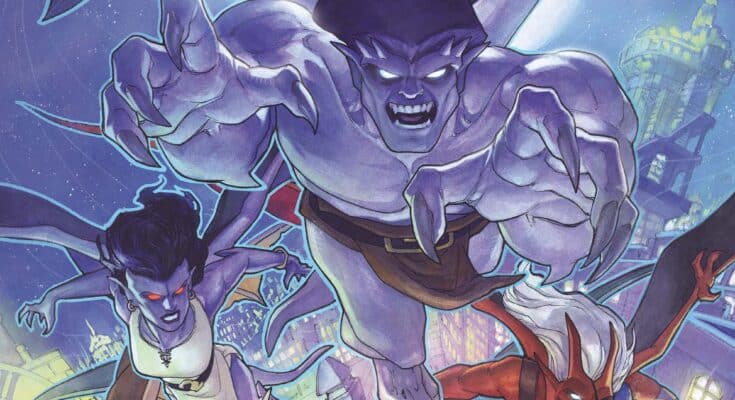 Disney Gargoyles #1 cover from Dynamite Entertainment featuring Goliath and the Manhattan Clan flying above New York City.