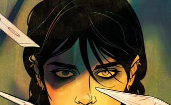 Minor Arcana #17 cover by Jeff Lemire featuring a young woman holding a tarot-style portrait card against a purple background.