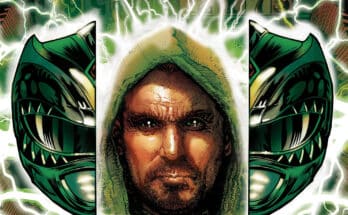 Power Rangers Green #1 cover featuring Tommy Oliver and the Green Ranger helmet from BOOM! Studios.
