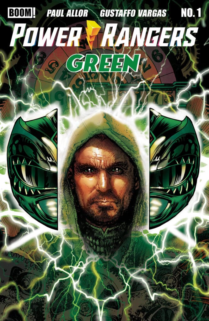 Power Rangers Green #1 cover featuring Tommy Oliver and the Green Ranger helmet from BOOM! Studios.
