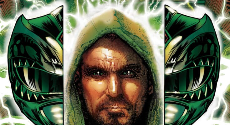 Power Rangers Green #1 cover featuring Tommy Oliver and the Green Ranger helmet from BOOM! Studios.
