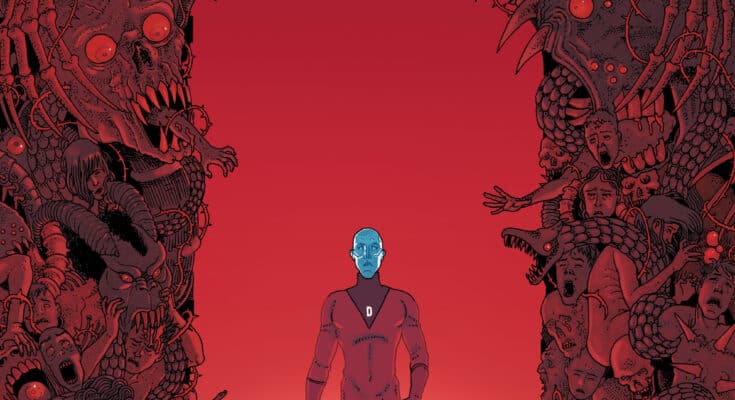 Cover art for The Deadman #3 from DC Comics, featuring Boston Brand surrounded by a chaotic, red border of demonic faces and ghouls.