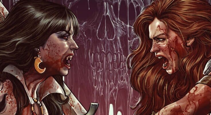 Vampirella Versus Red Sonja: Red City #1 comic cover featuring Vampirella and Red Sonja ready for battle in a dark, magical city.