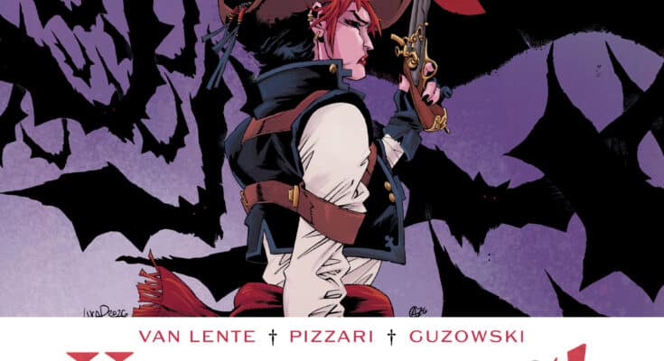 Vampyrates! #2 cover by Luca Pizzari featuring Nira surrounded by bats as pirate ships exchange cannon fire at sea.