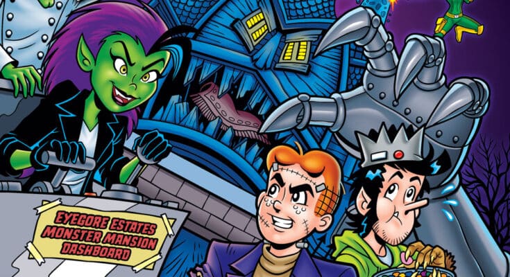 Archie’s Halloween Spectacular cover featuring Archie, Jughead, Cosmo, Fly-Girl, and a haunted house mech