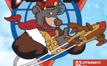 TaleSpin #2 cover from Dynamite Entertainment featuring Baloo and Kit flying the Sea Duck through airborne traffic