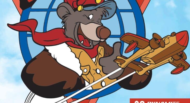 TaleSpin #2 cover from Dynamite Entertainment featuring Baloo and Kit flying the Sea Duck through airborne traffic