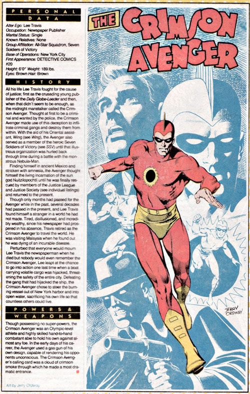On September 20, 1938, The Crimson Avenger debuted in Detective Comics #20.